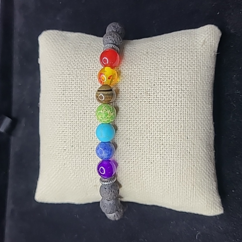 Chakra Stretch Bracelet Rainbow Crystal Semiprecious Gemstones Black Lava Rock